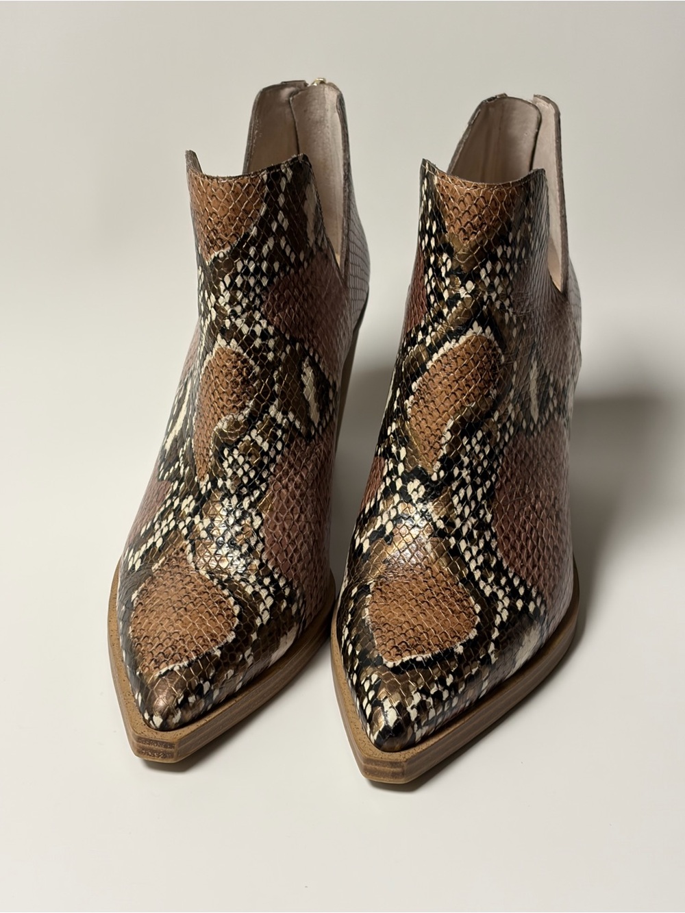 Vince Camuto Brown Snake-Print Pointed Ankle Booties